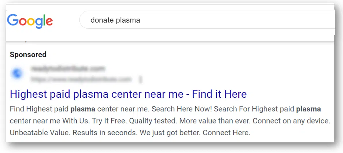 Google Ads – Failure of RSA for plasma donation