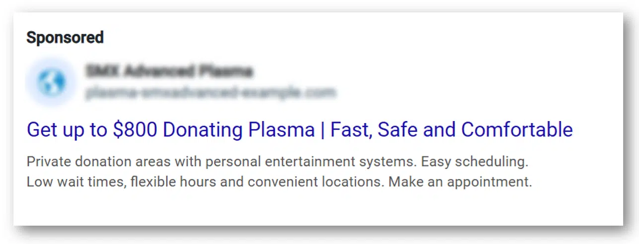 Google Ads – well differentiated RSA for plasma centers